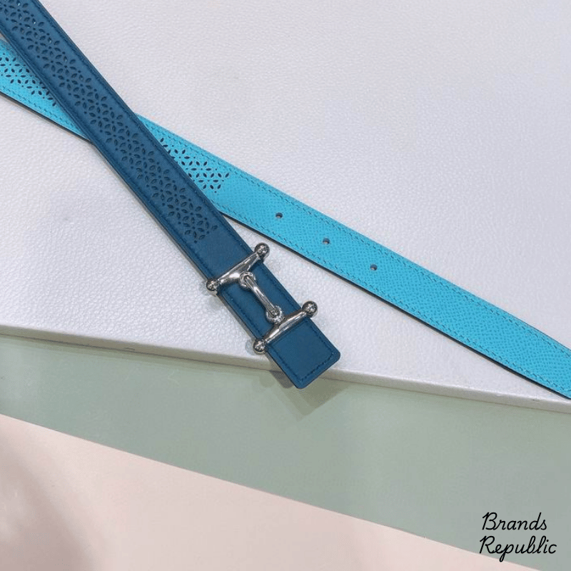 Hermès 25MM Blue Mors H Buckle & Reversible Leather Strap Belt