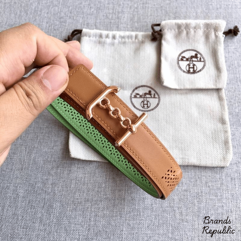 Hermès 24MM Brown Reversible Perforated Leather Strap Belt