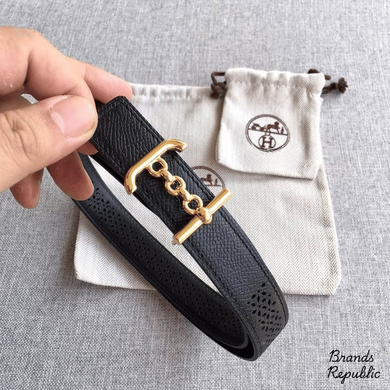 Hermès 24MM Black Reversible Perforated Leather Strap Belt