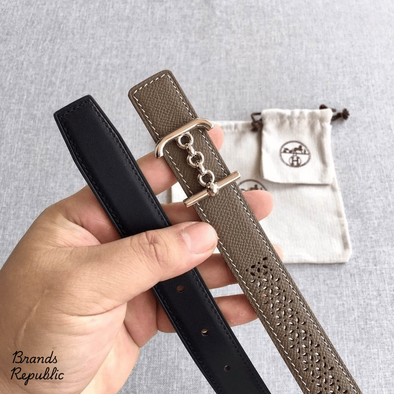 Hermès 24MM Grey Reversible Perforated Leather Strap Belt
