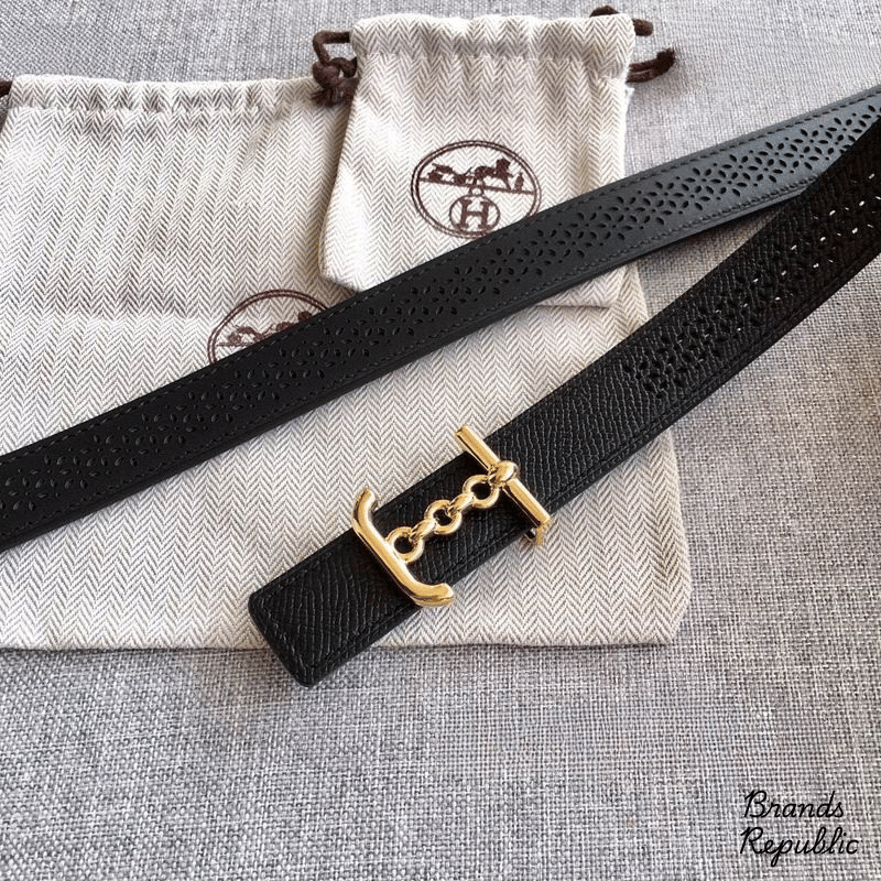 Hermès 24MM Black Reversible Perforated Leather Strap Belt