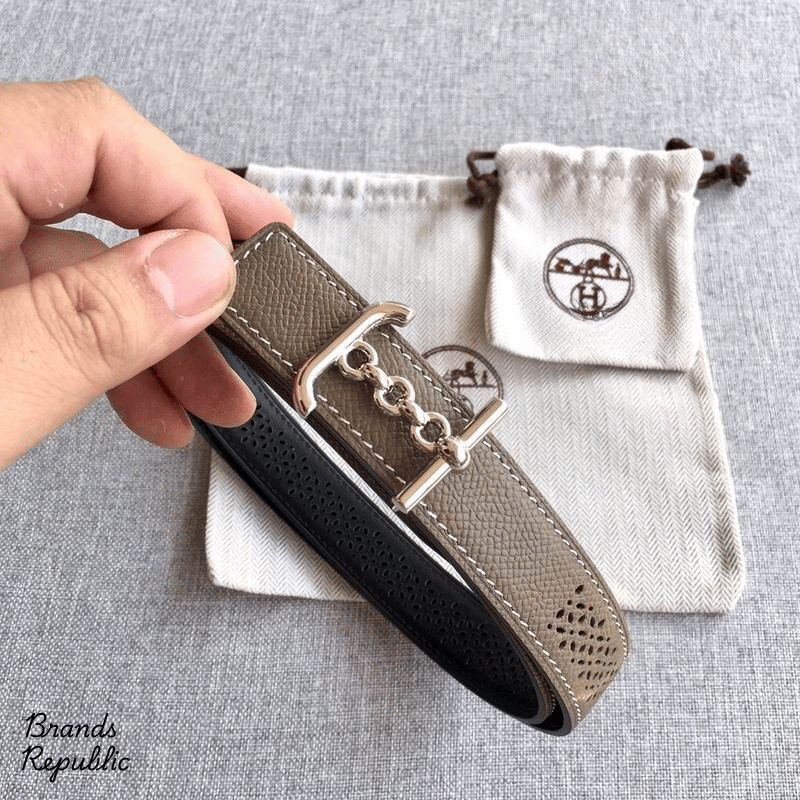 Hermès 24MM Grey Reversible Perforated Leather Strap Belt