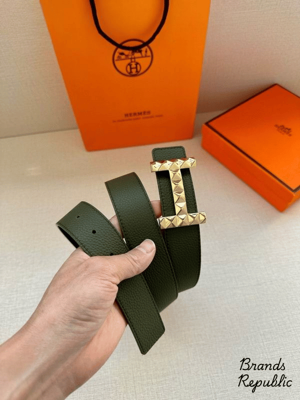 Hermès 34MM Olive Green H Diamond Guilloche Belt In Different Buckle Colors