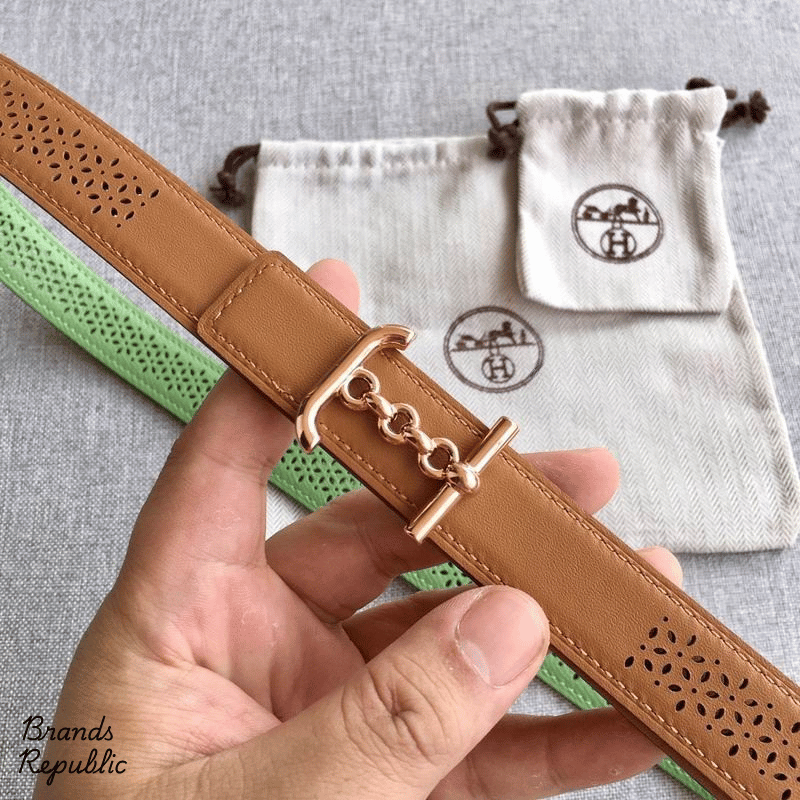 Hermès 24MM Brown Reversible Perforated Leather Strap Belt