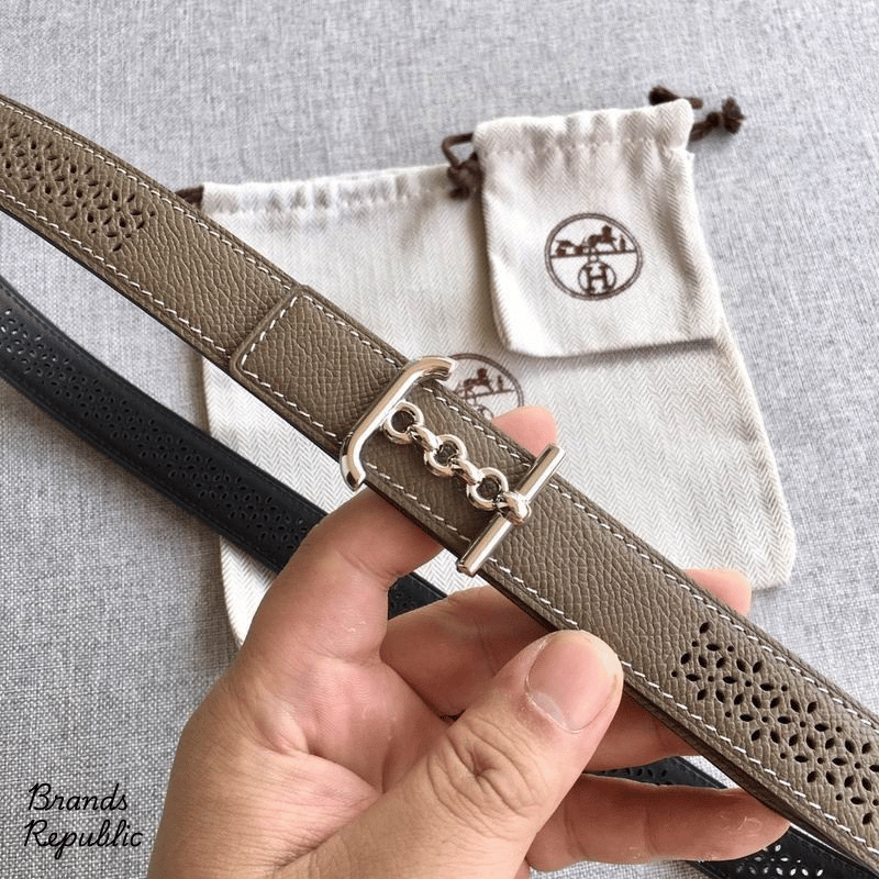 Hermès 24MM Grey Reversible Perforated Leather Strap Belt