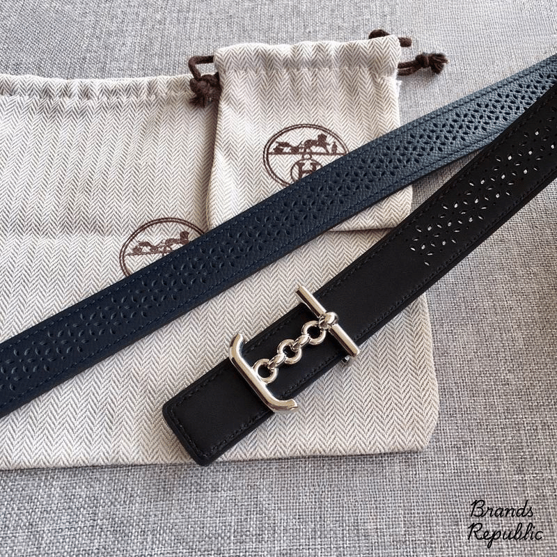 Hermès 24MM Black Perforated Leather Strap Belt