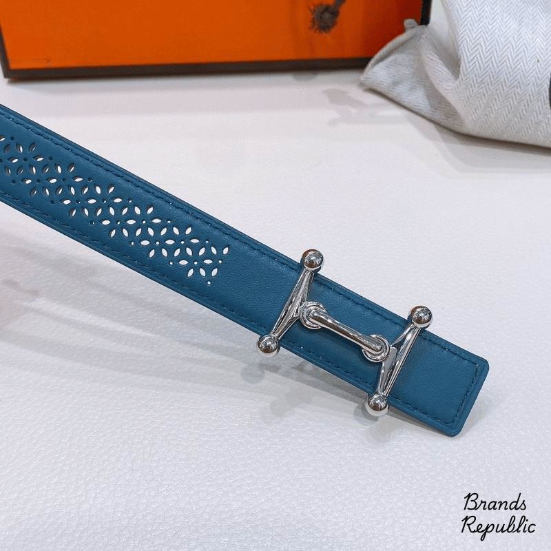 Hermès 25MM Blue Mors H Buckle & Reversible Leather Strap Belt