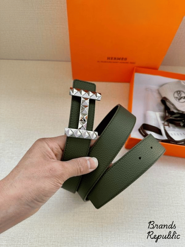 Hermès 34MM Olive Green H Diamond Guilloche Belt In Different Buckle Colors