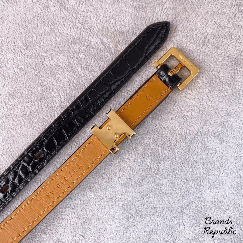 Hermès 15MM Pop H 15 Black Crocodile Embossed Leather Strap Belt In Different Buckle Colors
