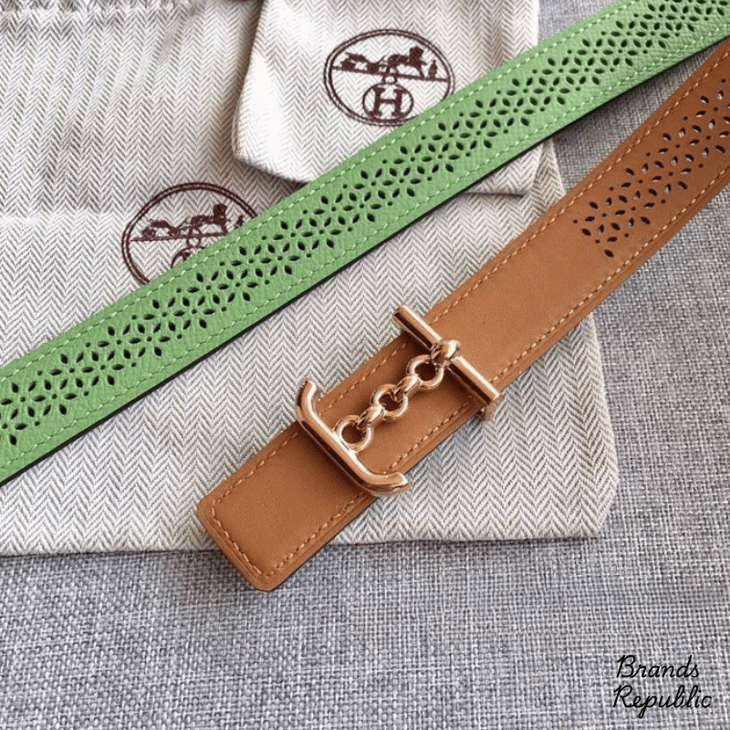 Hermès 24MM Brown Reversible Perforated Leather Strap Belt