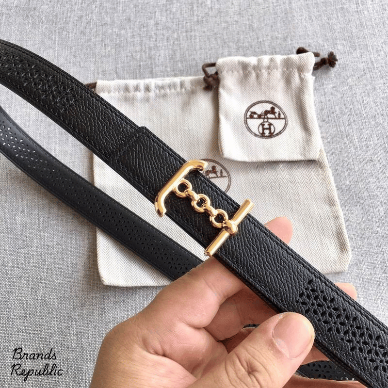 Hermès 24MM Black Reversible Perforated Leather Strap Belt