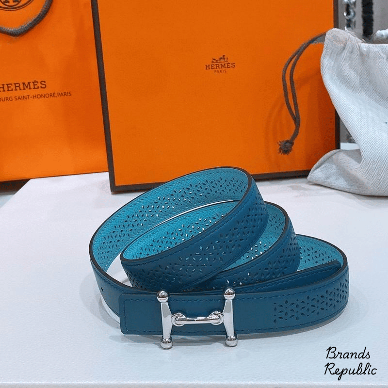 Hermès 25MM Blue Mors H Buckle & Reversible Leather Strap Belt
