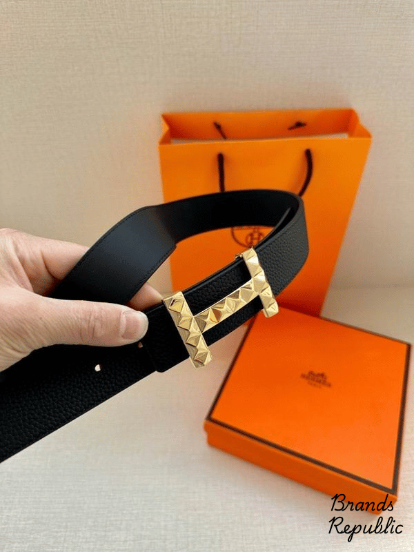 Hermès 34MM Black H Diamond Guilloche Belt In Different Buckle Colors