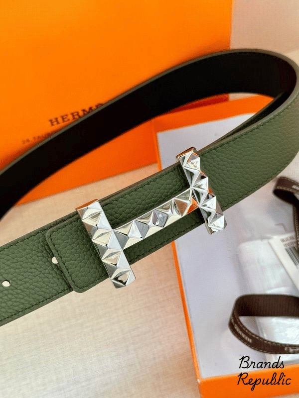 Hermès 34MM Olive Green H Diamond Guilloche Belt In Different Buckle Colors