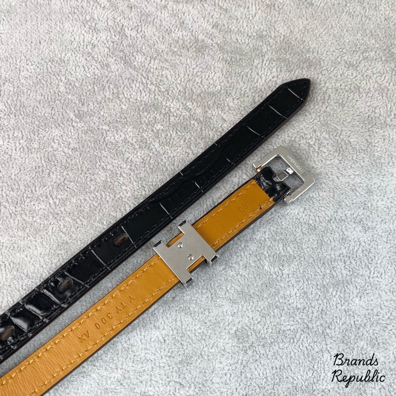 Hermès 15MM Pop H 15 Black Crocodile Embossed Leather Strap Belt In Different Buckle Colors
