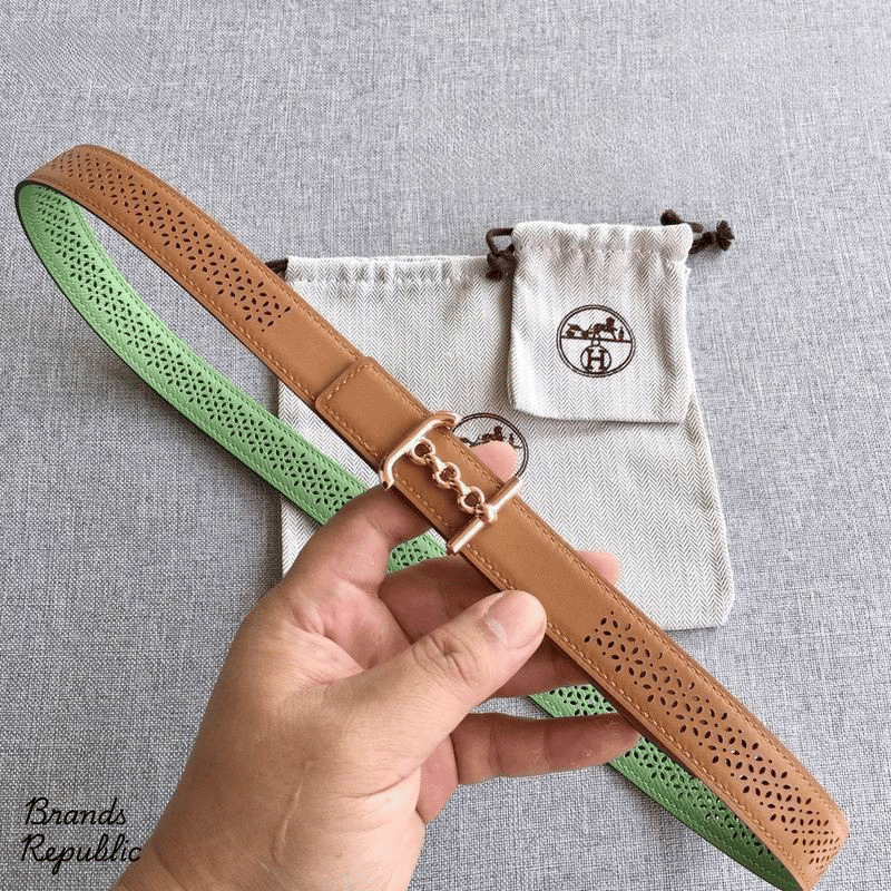 Hermès 24MM Brown Reversible Perforated Leather Strap Belt