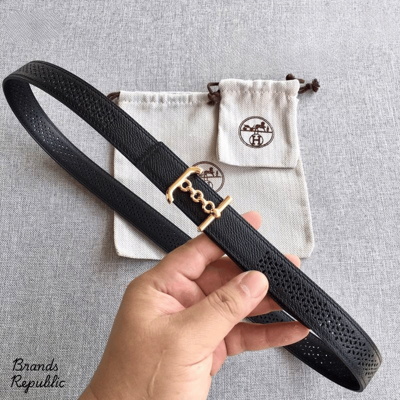 Hermès 24MM Black Reversible Perforated Leather Strap Belt