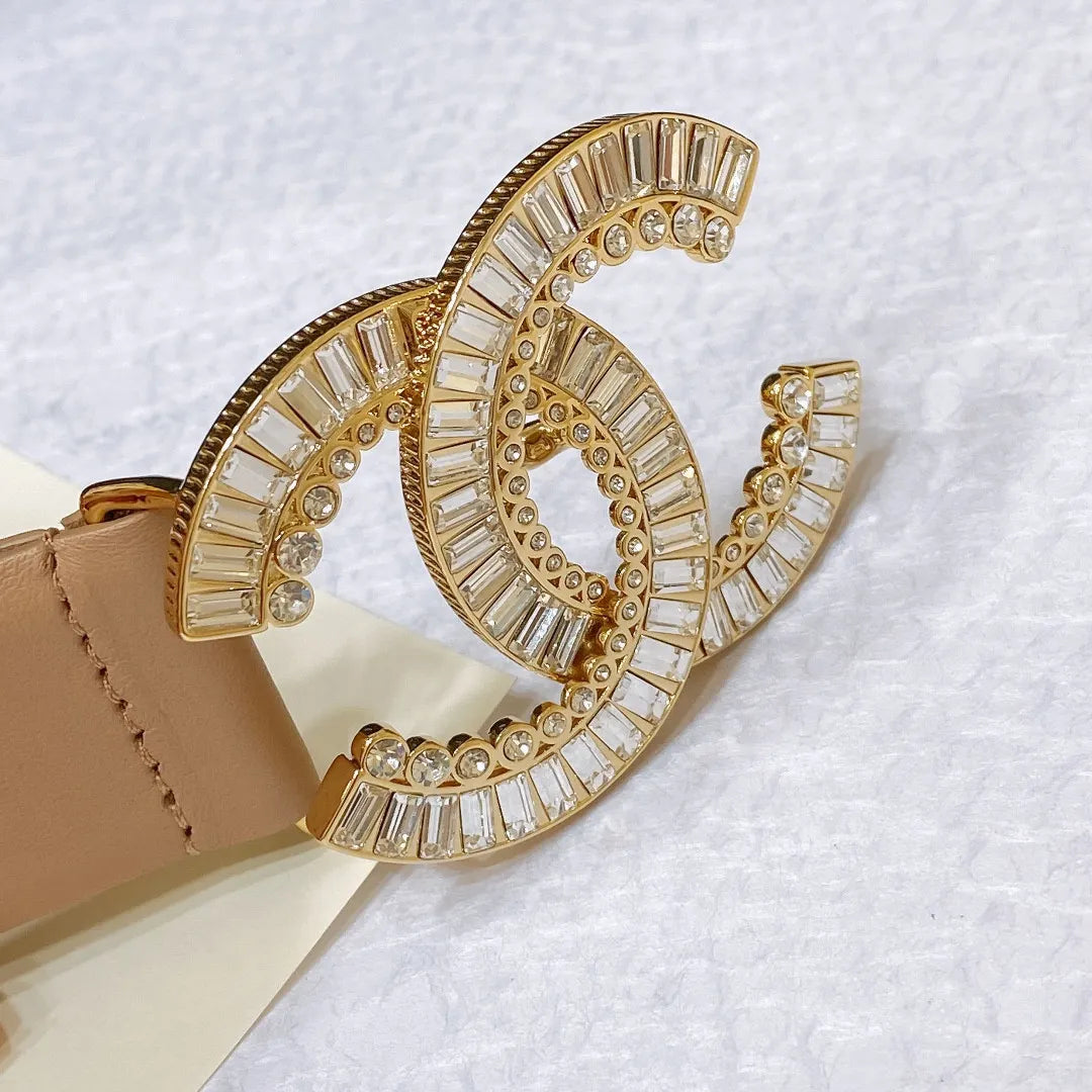 chanel rhinestone golden brass metal logo buckle calfskin belt