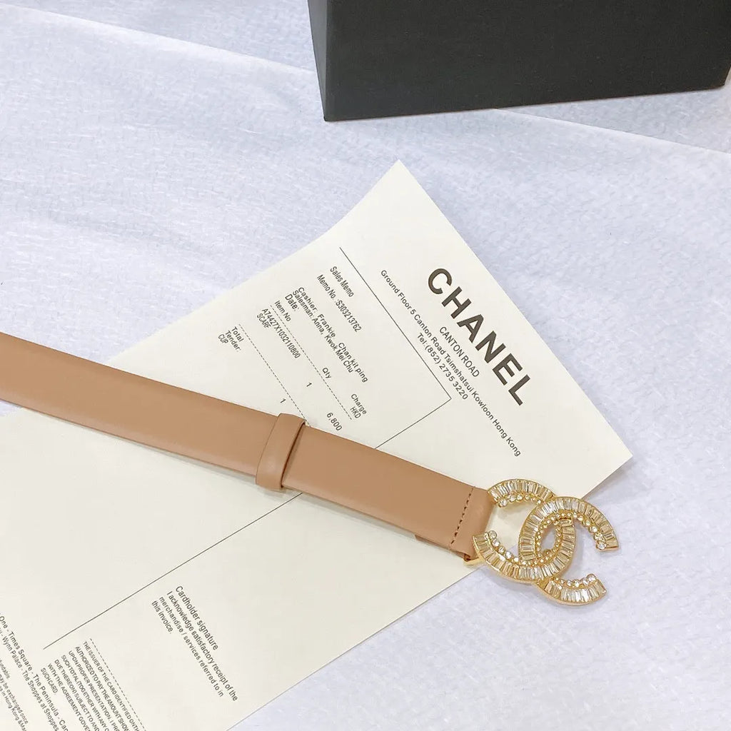 chanel rhinestone golden brass metal logo buckle calfskin belt