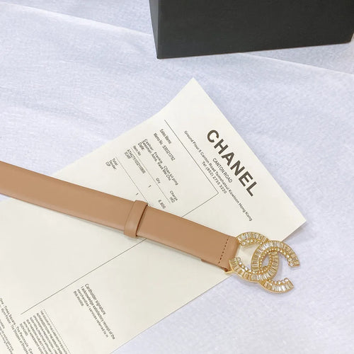 chanel rhinestone golden brass metal logo buckle calfskin belt
