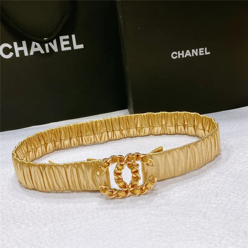 chanel smooth CC brass buckle sheepskin elastic belt