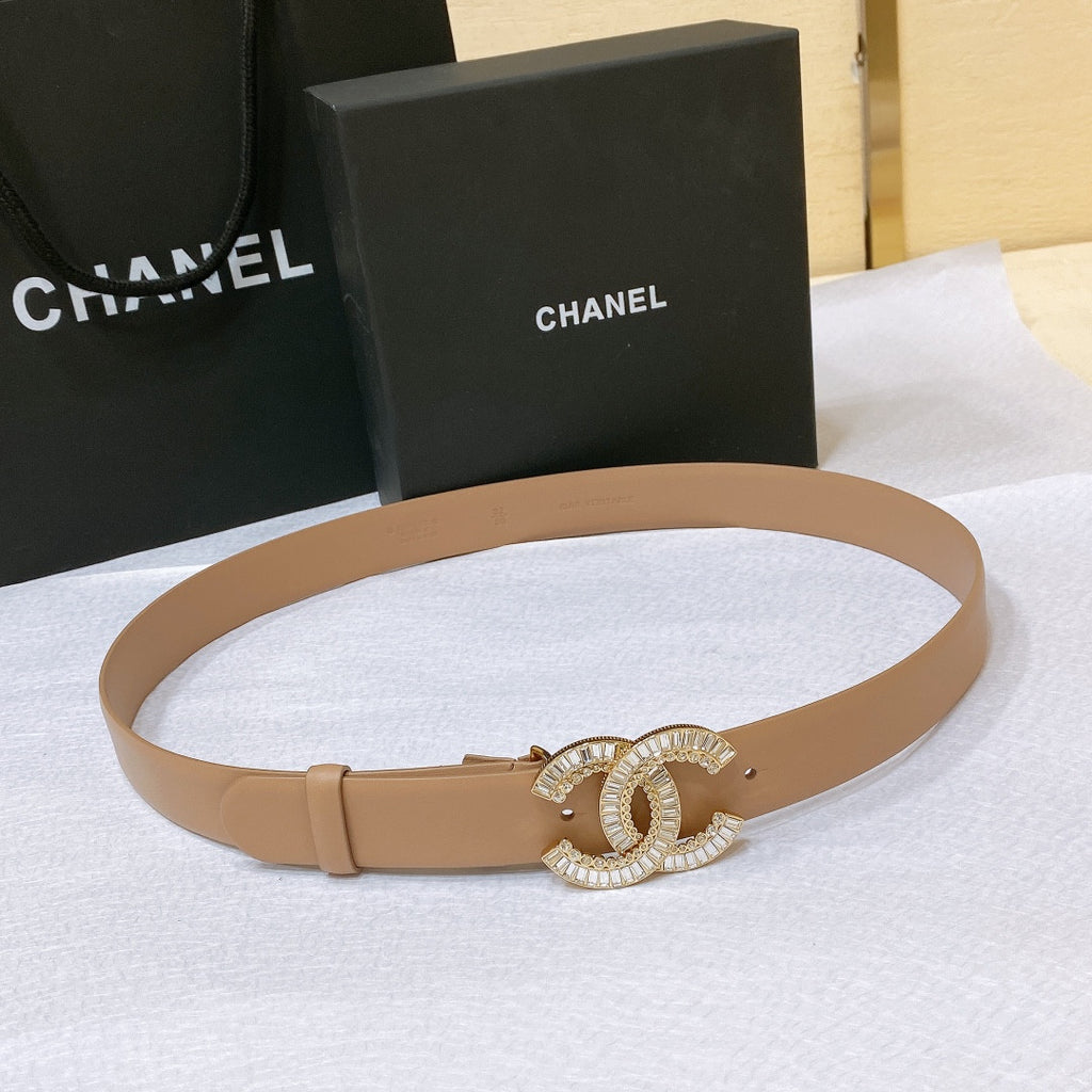 chanel rhinestone golden brass metal logo buckle calfskin belt